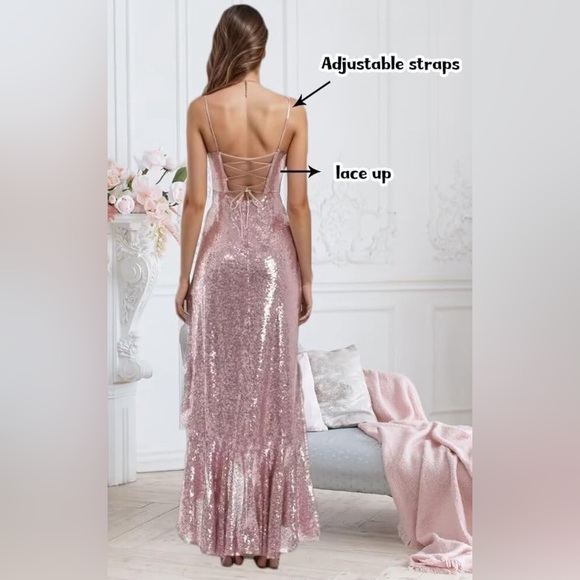 New Mermaid Sequin Dress Slit Spaghetti Strap Sparkly Ruffle Formal Evening Gown - Picture 6 of 8